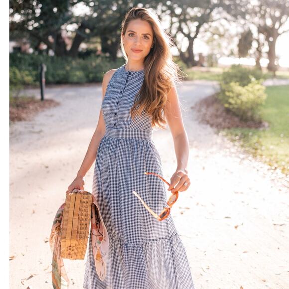 [Gal Meets Glam] Blue Gingham Check Print Ardith Tiered Midi Sundress Size 12 - Picture 1 of 12